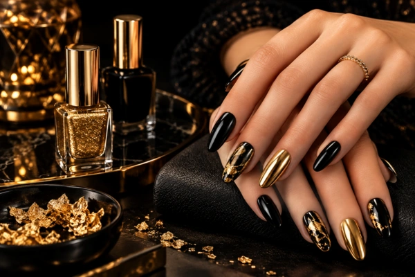Glamorous Black and Gold Manicure