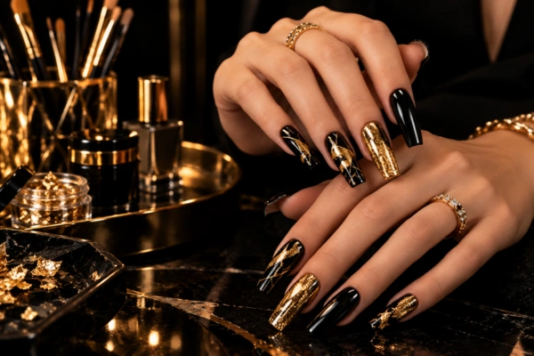 Luxurious Black and Gold Manicure Close-Up